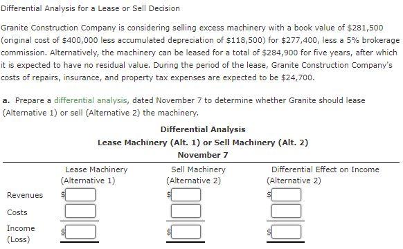 Solved Differential Analysis For A Lease Or Sell Decision Chegg