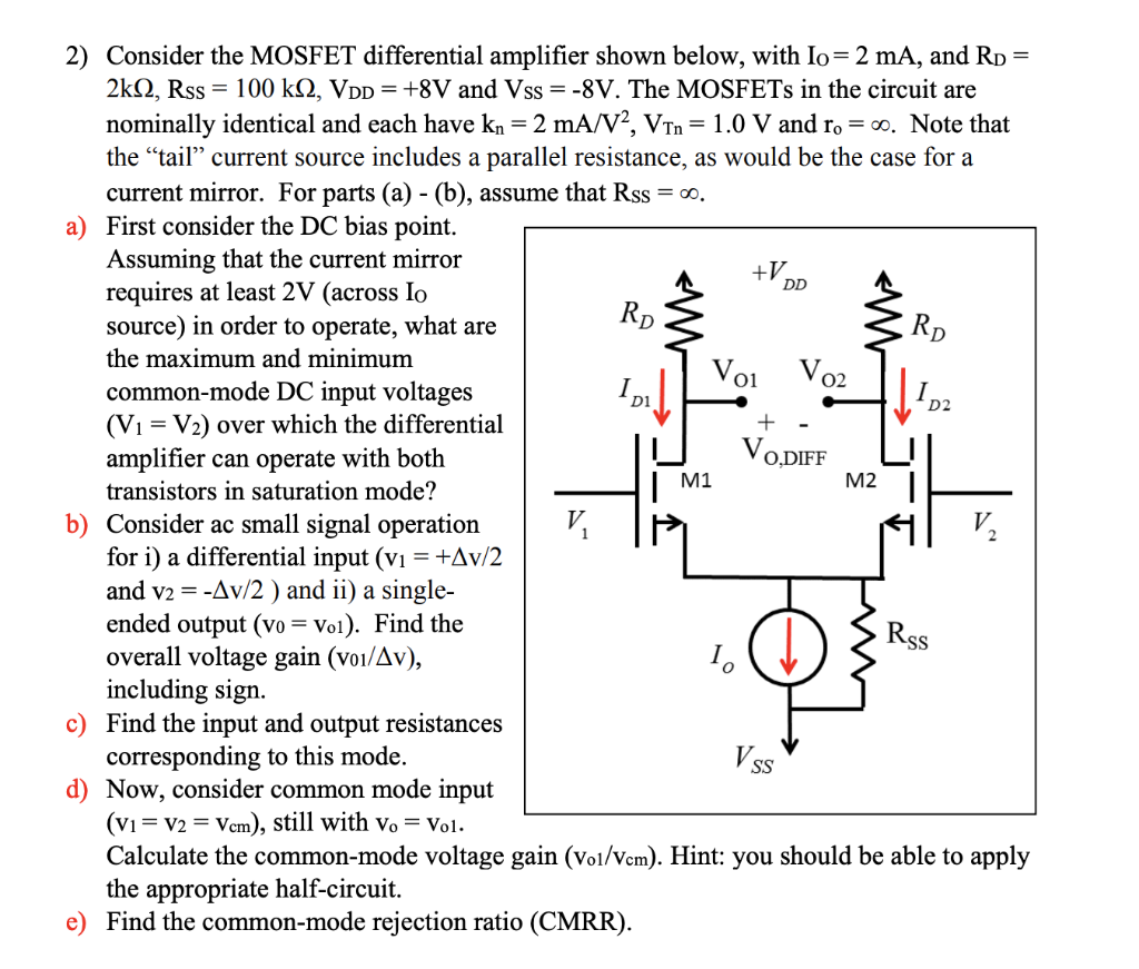 2 Consider The MOSFET Differential Amplifier Shown Chegg