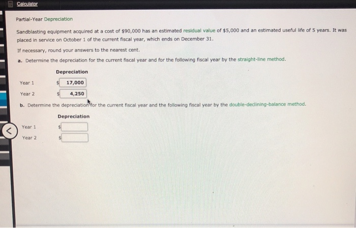 Solved Calculator Partial Year Depreciation Sandblasting Chegg