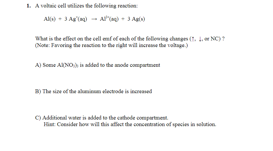 Solved 1 A Voltaic Cell Utilizes The Following Reaction Chegg