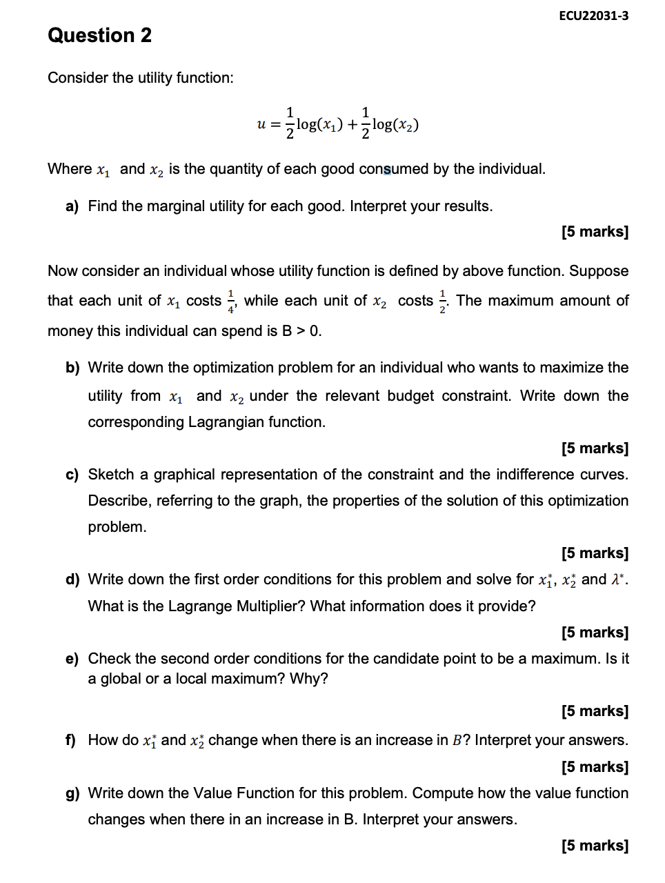 Consider The Utility Function U Log X Log X Chegg