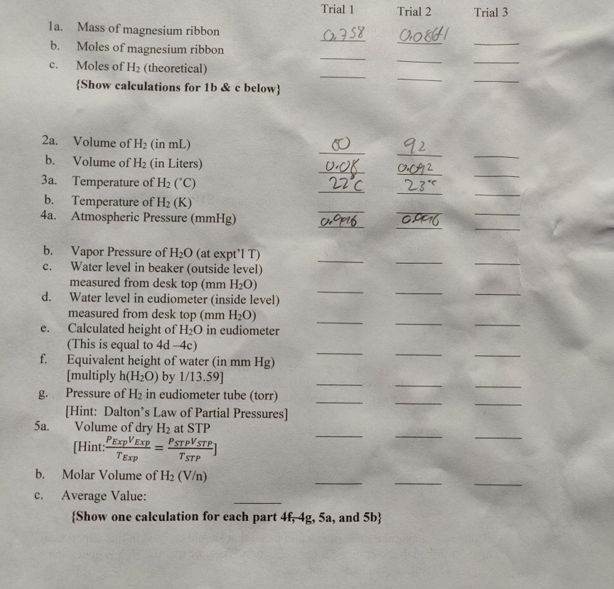 Lab Molar Volume Of Hydrogen Gas Purpose In This Chegg