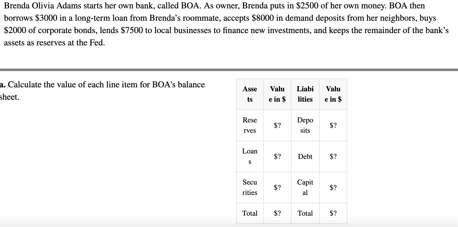 Solved Brenda Olivia Adams Starts Her Own Bank Called BOA Chegg