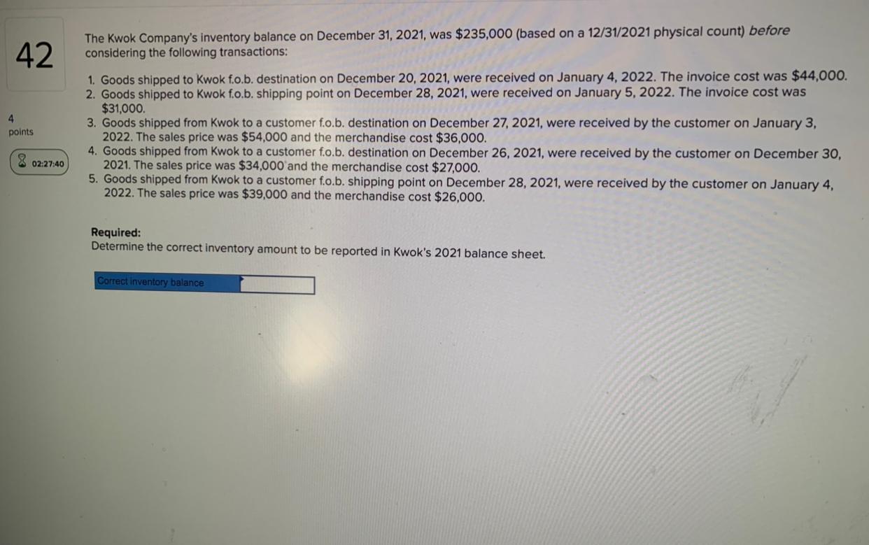 Solved The Kwok Company S Inventory Balance On December Chegg