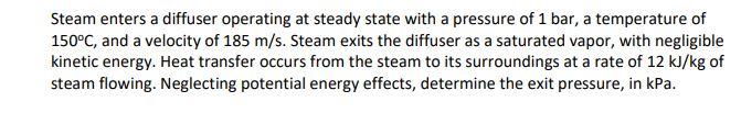 Solved Steam Enters A Diffuser Operating At Steady State Chegg