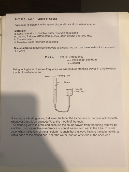 Solved Phy Lab Speed Of Sound Purpose To Determine Chegg