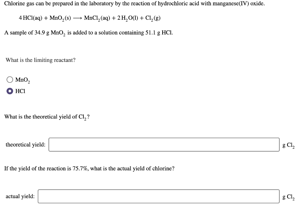 Solved Chlorine Gas Can Be Prepared In The Laboratory By The Chegg