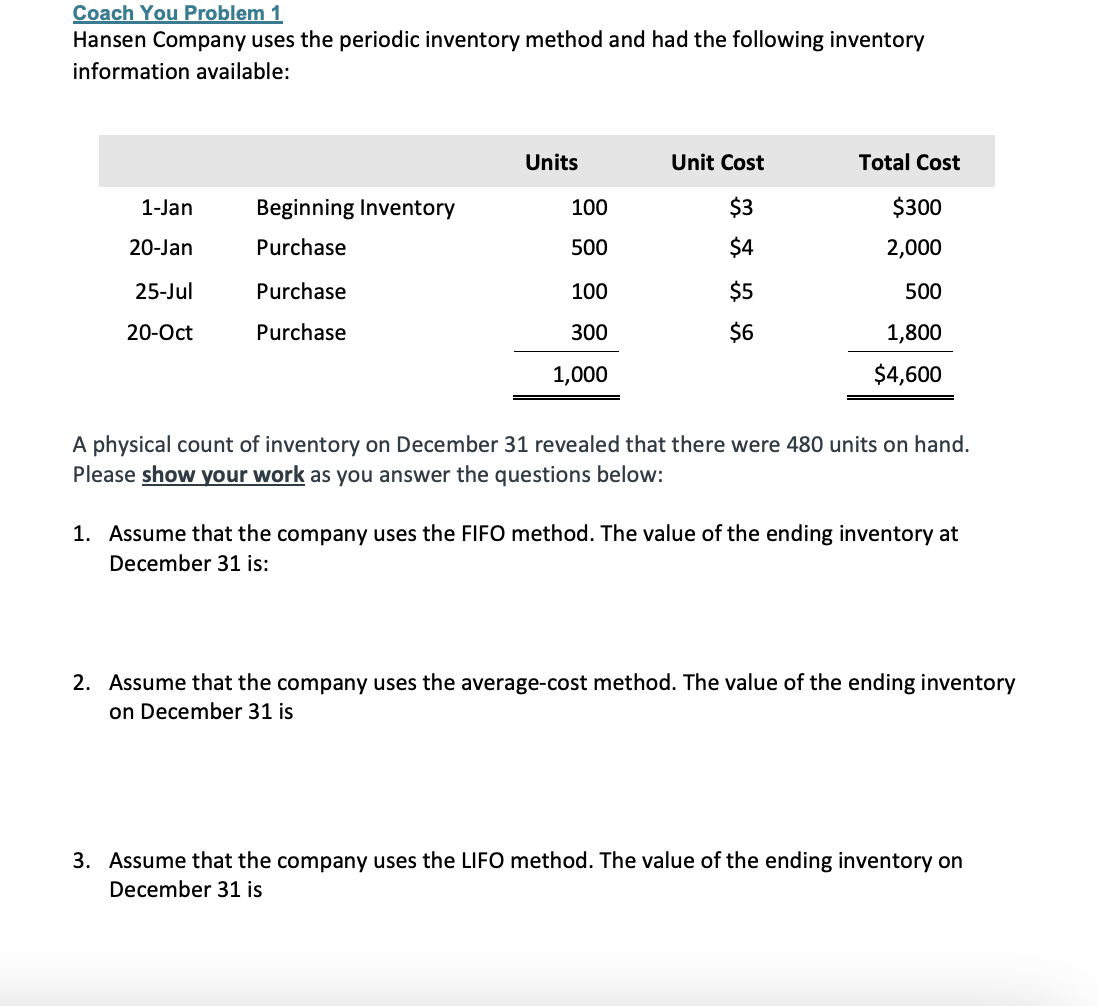 Solved Coach You Problem Hansen Company Uses The Periodic Chegg