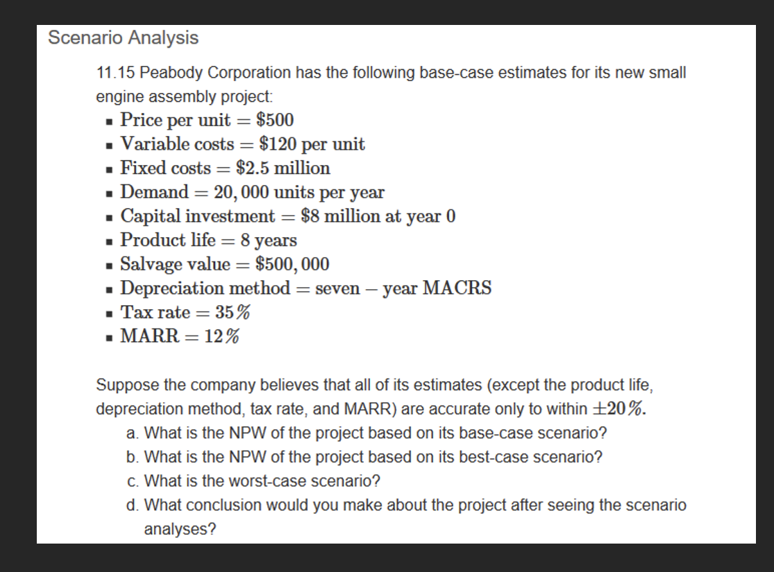 Solved 11 15 Peabody Corporation Has The Following Base Case Chegg