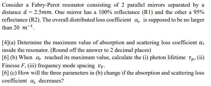 Solved Consider A Fabry Perot Resonator Consisting Of 2 Chegg