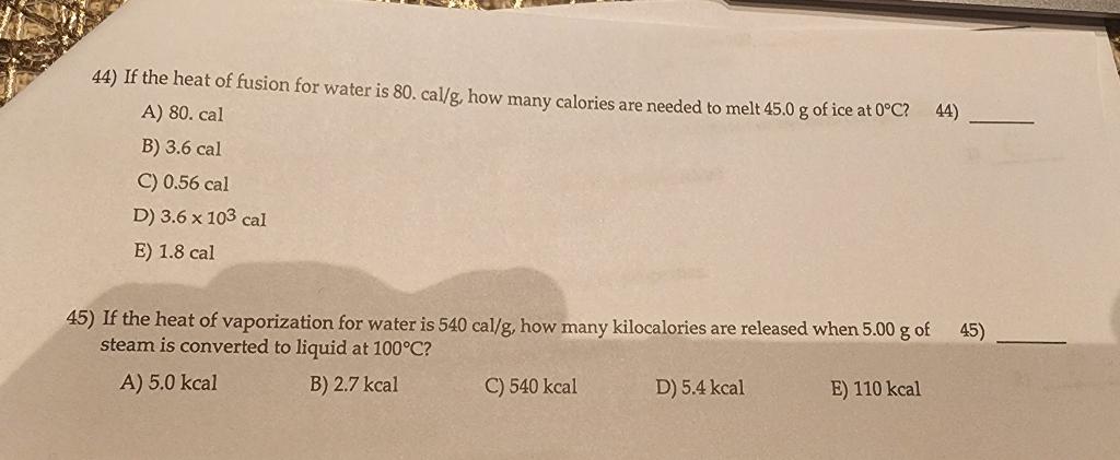 Solved 44 44 If The Heat Of Fusion For Water Is 80 Cal G Chegg