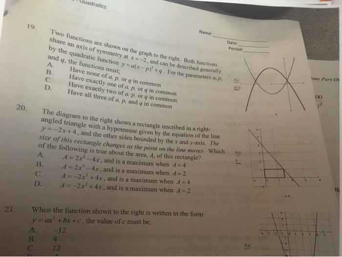 Solved Quadratics 19 Name Date Period A B Vo Functions Are Chegg