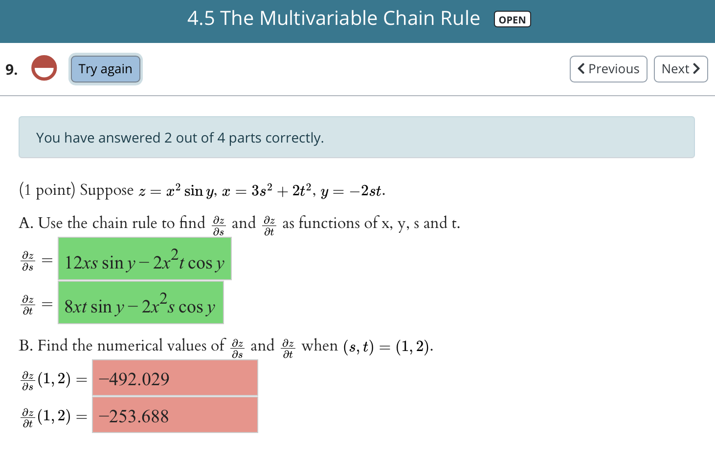 Solved The Multivariable Chain Rule Open Try Again