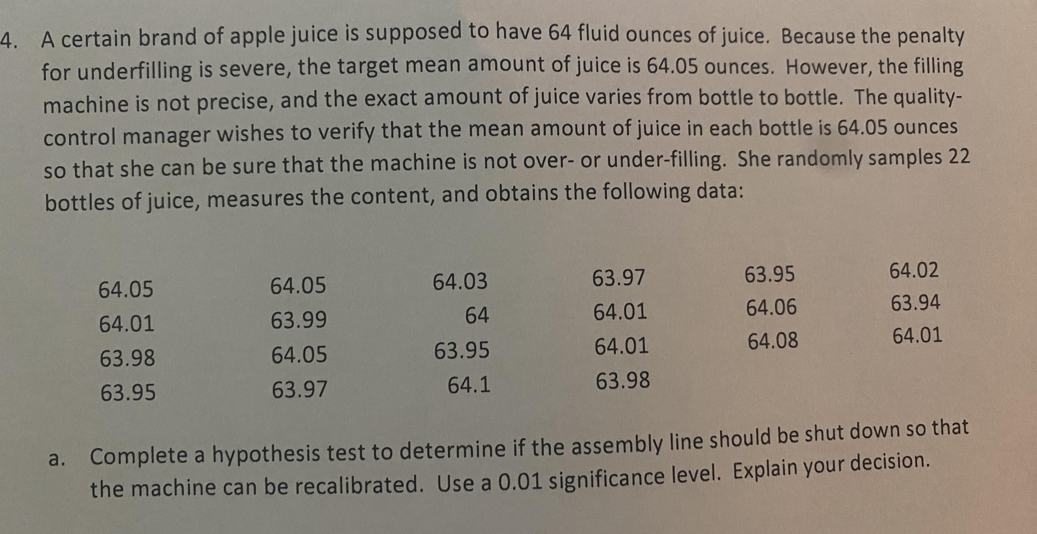 Solved A Certain Brand Of Apple Juice Is Supposed To Have 64 Chegg