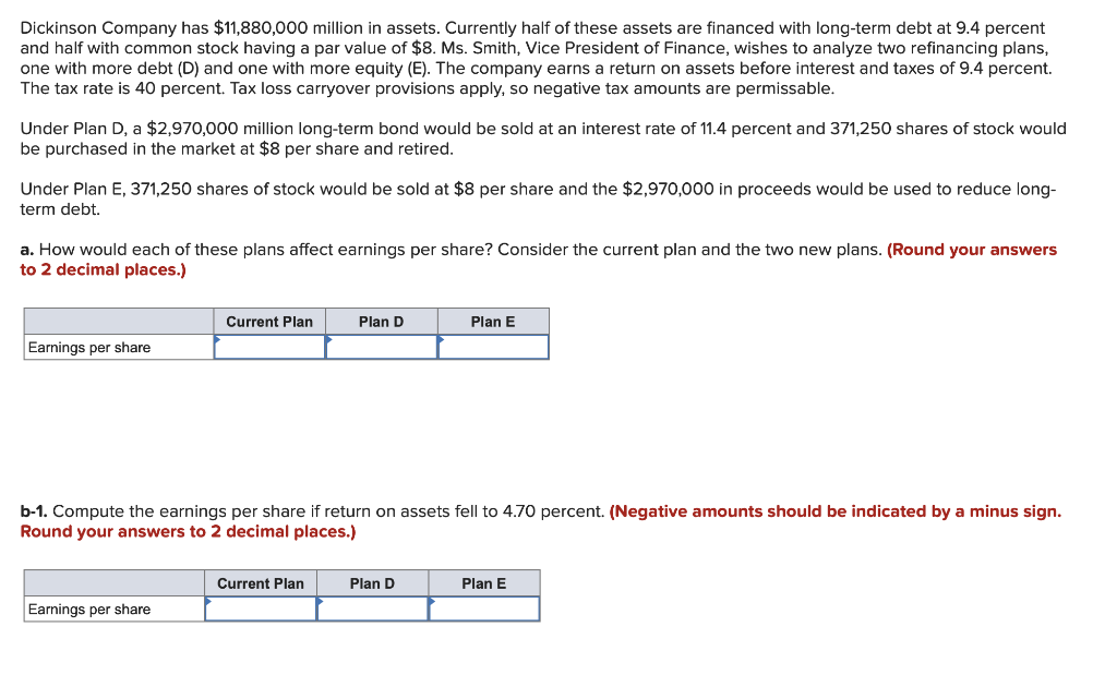 Solved Dickinson Company Has 11 880 000 Million In Assets Chegg