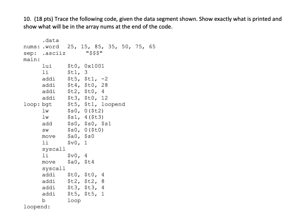 Solved Pts Trace The Following Code Given The Data Chegg