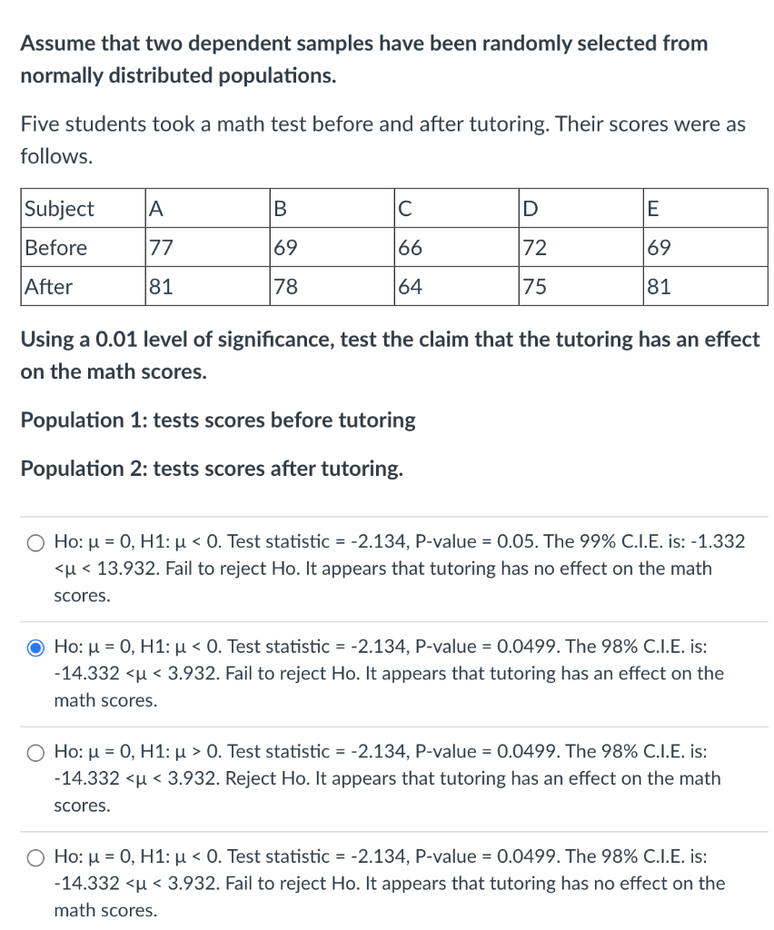 Solved Assume That Two Dependent Samples Have Been Randomly Chegg