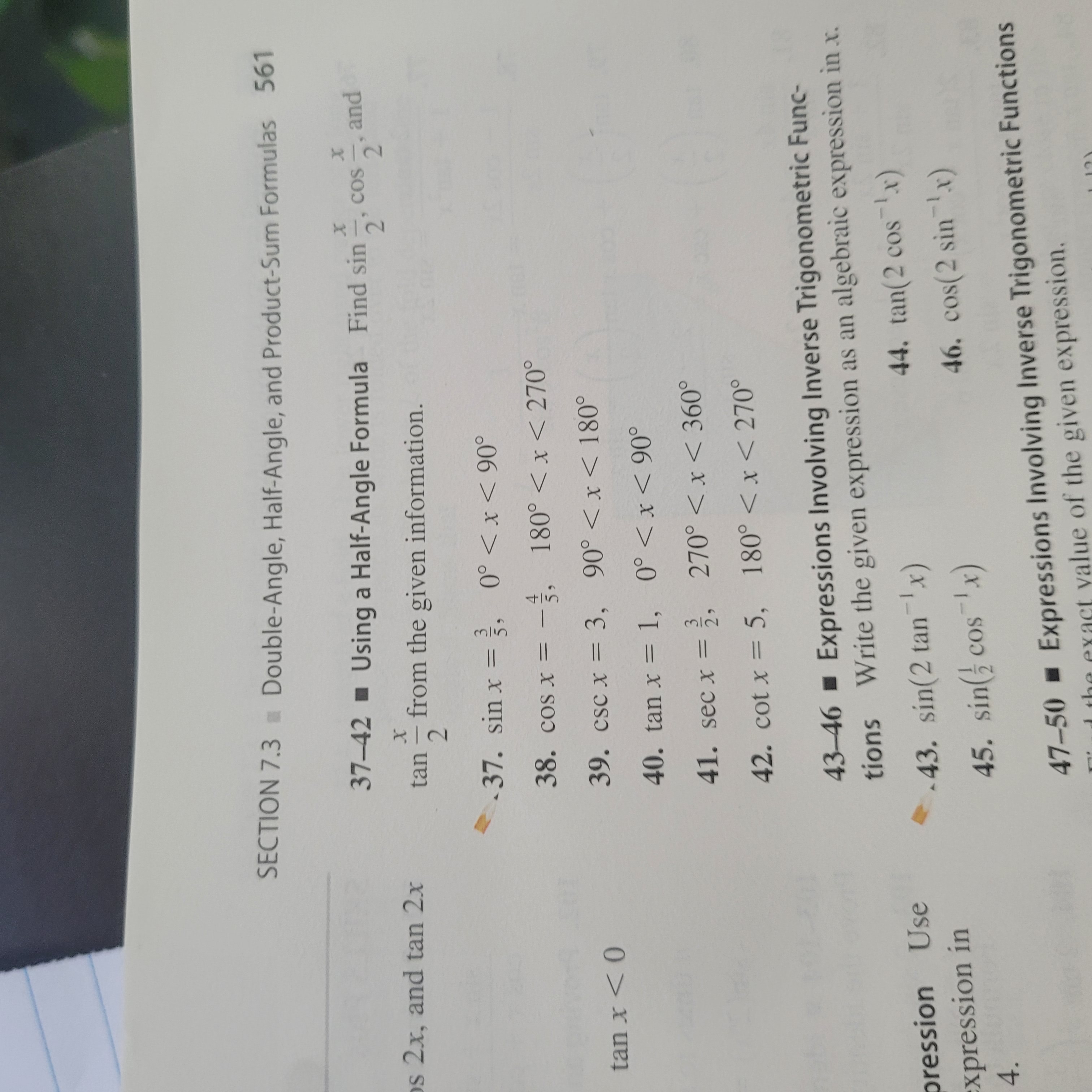 Solved 3742 Using A Half Angle Formula Find Sin2x Cos2x Chegg