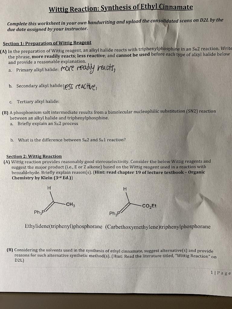 Solved Wittig Reaction Synthesis Of Ethyl Cinnamate Chegg