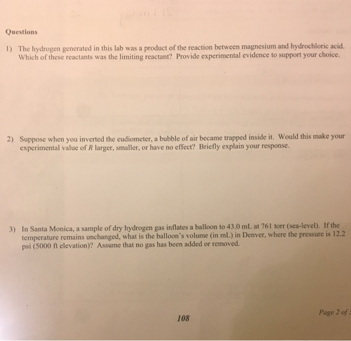 Solved Experimental Determination Of The Gas Constant Chegg