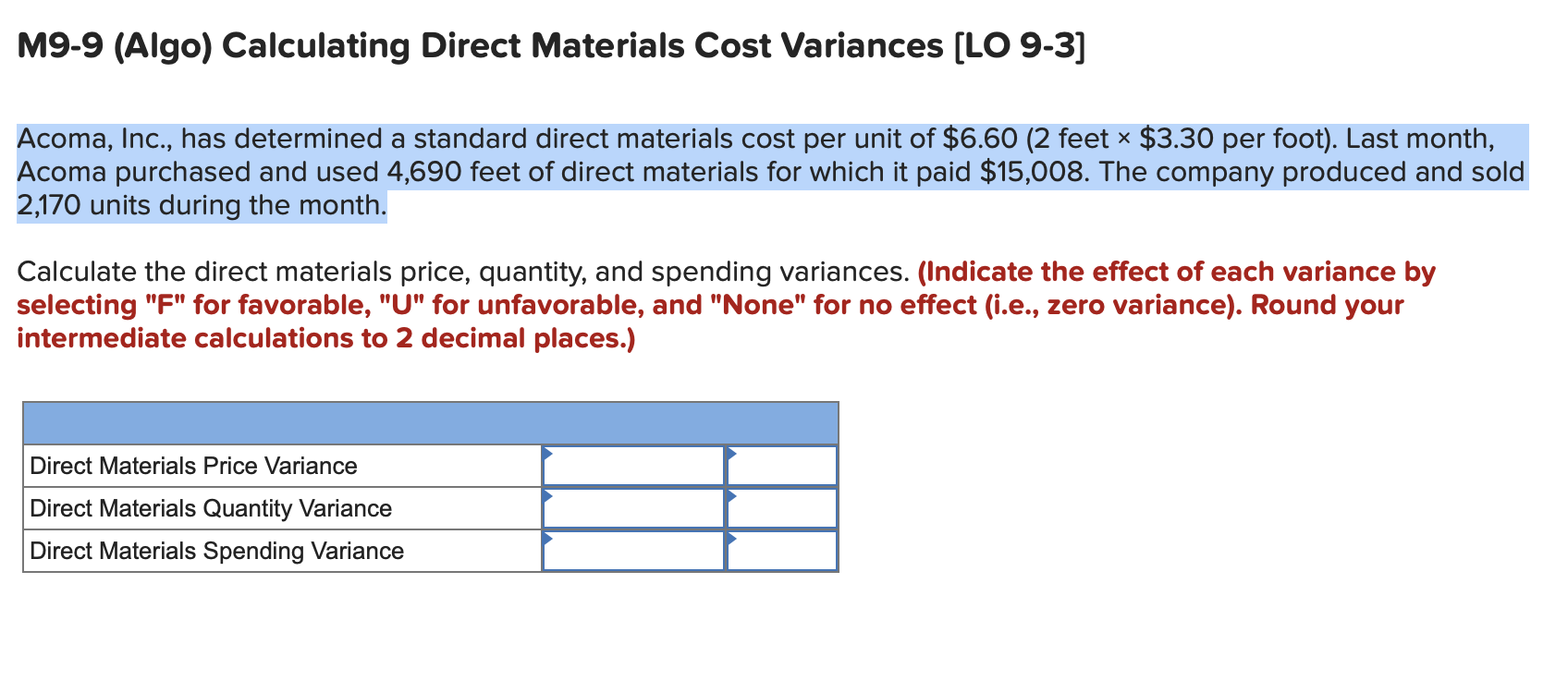 Solved M Algo Calculating Direct Materials Cost Chegg