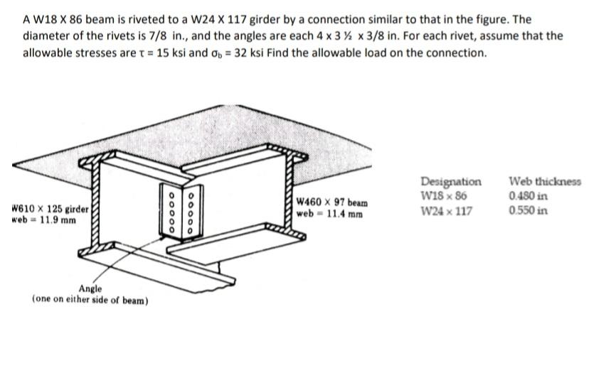 Solved A W18 X 86 Beam Is Riveted To A W24 X 117 Girder By A Chegg