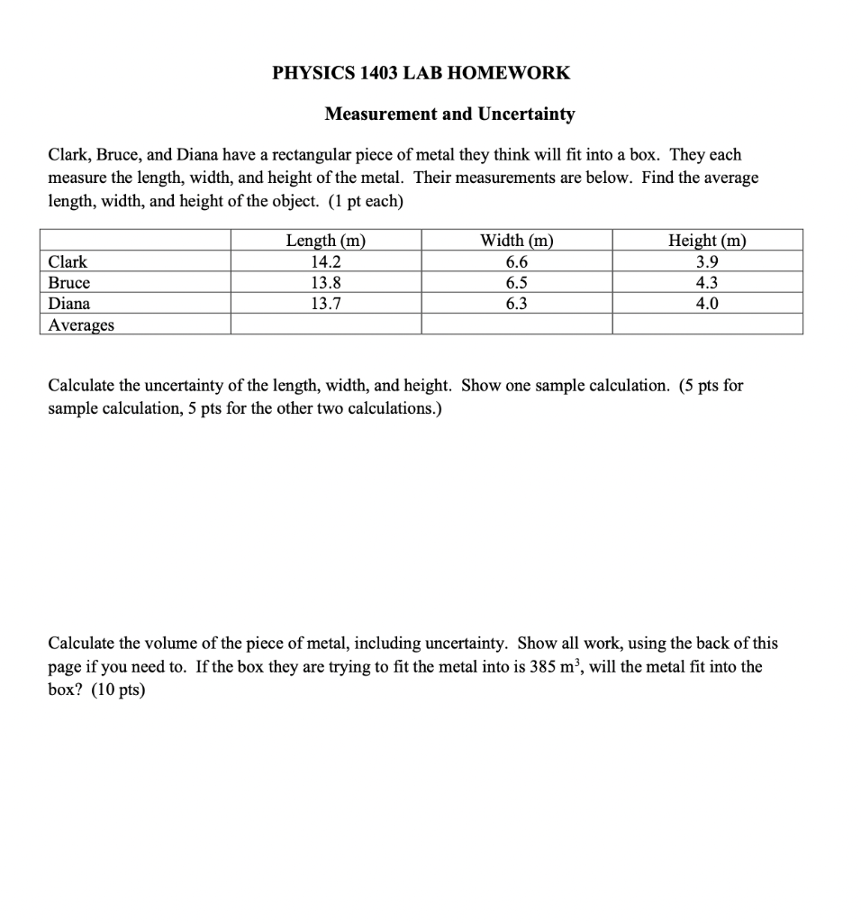 Solved Physics Lab Homework Measurement And Uncertainty Chegg