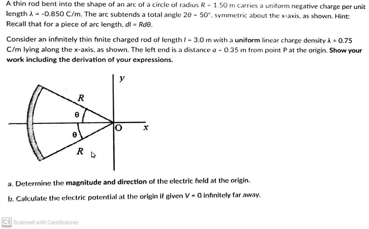 Solved A Thin Rod Bent Into The Shape Of An Arc Of A Circle Chegg