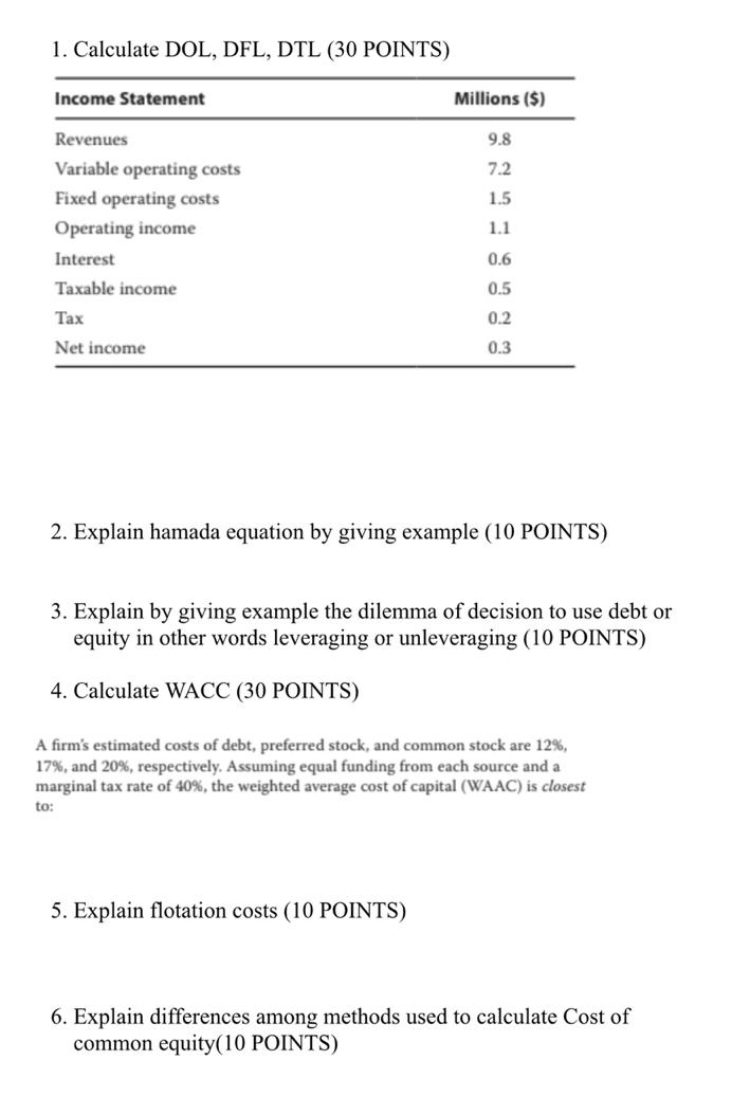 Solved 1 Calculate DOL DFL DTL 30 POINTS Income Chegg