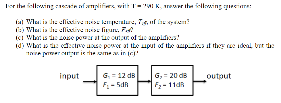 Solved For The Following Cascade Of Amplifiers With T 290 Chegg