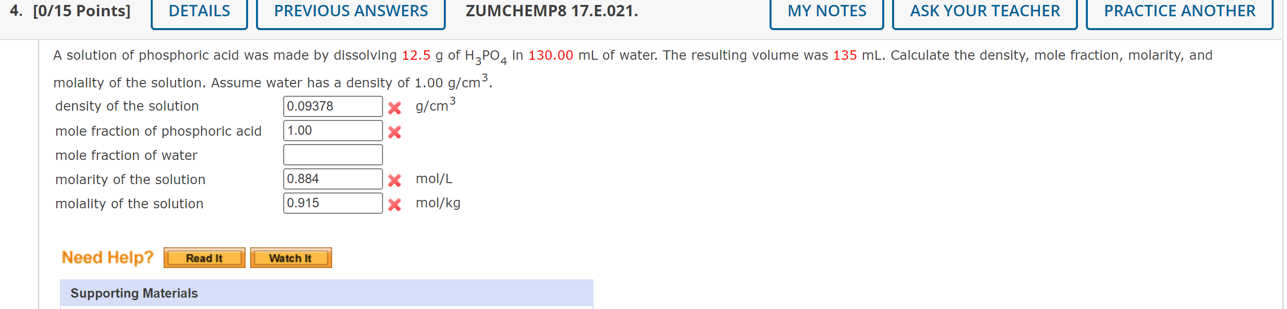 Solved Molality Of The Solution Assume Water Has A Density Chegg