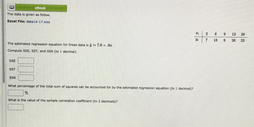 Solved EBook The Data Is Given As Follow Excel File Chegg