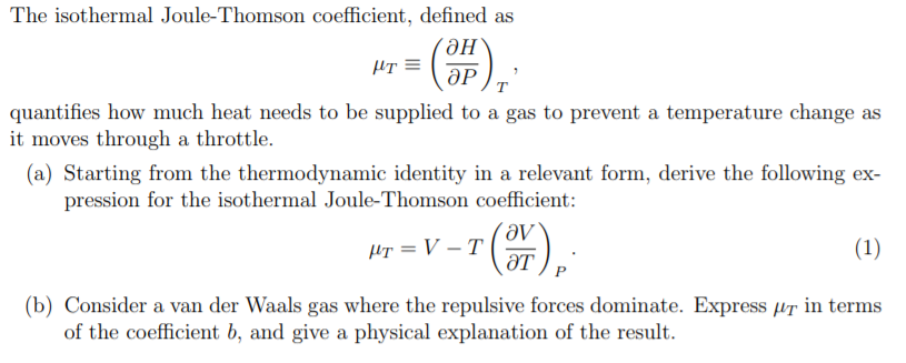 Solved The Isothermal Joule Thomson Coefficient Defined As Chegg