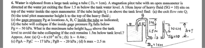 Solved 6 Water Is Siphoned From A Large Tank Using A Tube Chegg