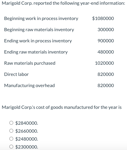 Solved Marigold Corp Reported The Following Year End Chegg