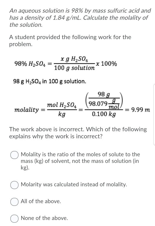 Solved An Aqueous Solution Is By Mass Sulfuric Acid And Chegg