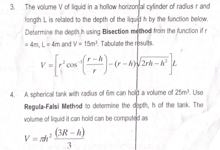 Solved The Volume V Of Liquid In A Hollow Horizontal Chegg