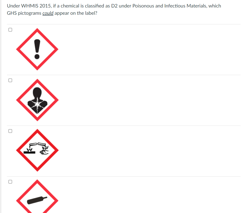 Solved Under WHMIS 2015 If A Chemical Is Classified As D2 Chegg