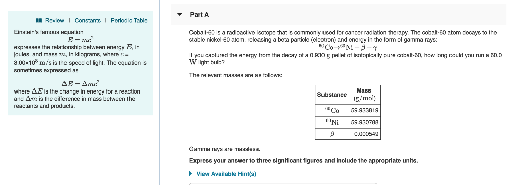 Solved Part A Reviewi Constants Periodic Table Einstein S Chegg