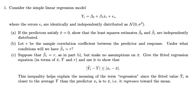 Solved Consider The Simple Linear Regression Model Y Chegg