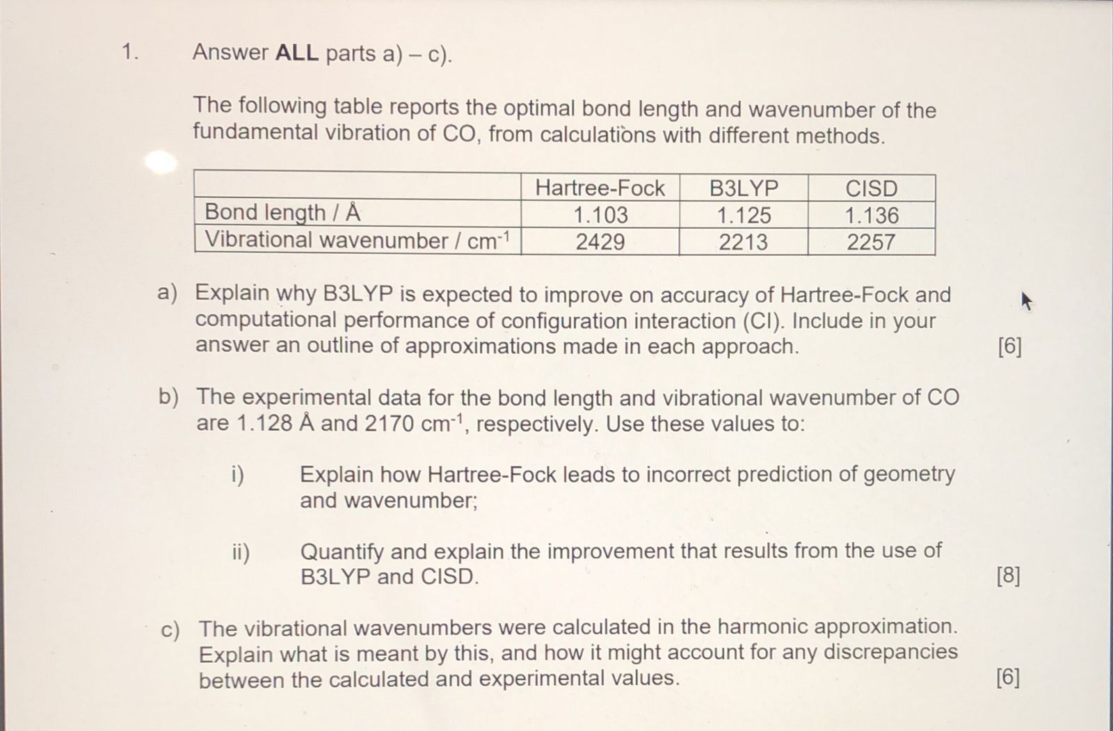 Solved The Following Table Reports The Optimal Bond Length Chegg