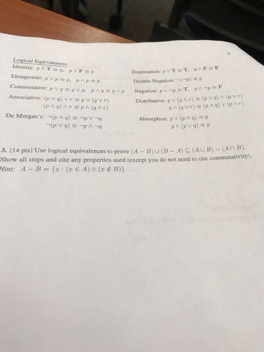 Solved її Logical Equivalences Identity p T p pv F p Chegg