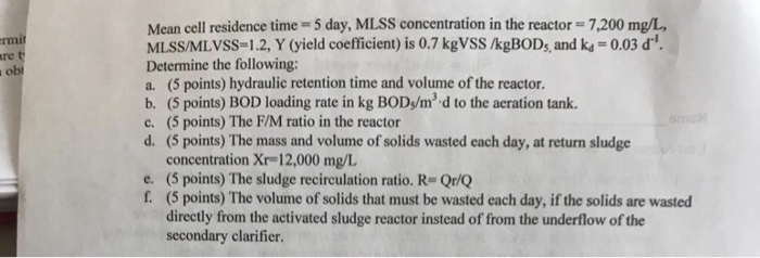 Solved Points A Completely Mixed Activated Sludge Chegg