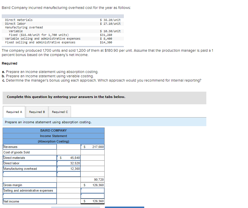 Solved Baird Company Incurred Manufacturing Overhead Cost Chegg