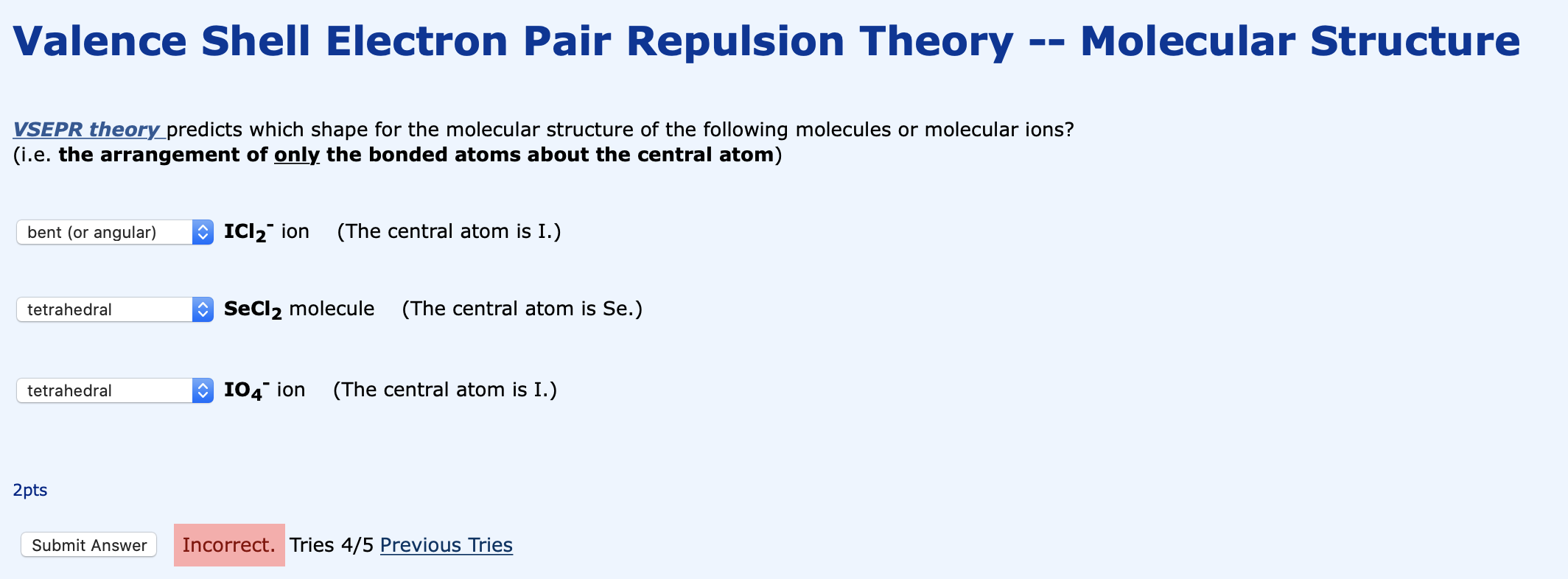 Solved Valence Shell Electron Pair Repulsion Theory Chegg