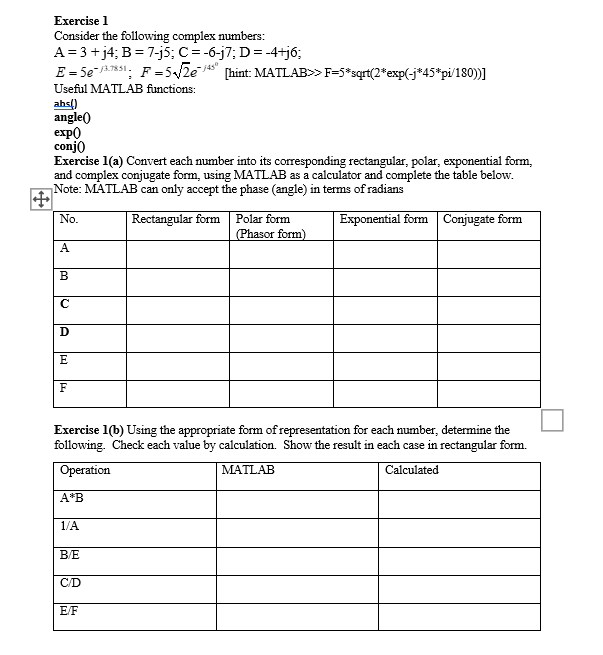 Solved Exercise 1 Consider The Following Complex Numbers Chegg