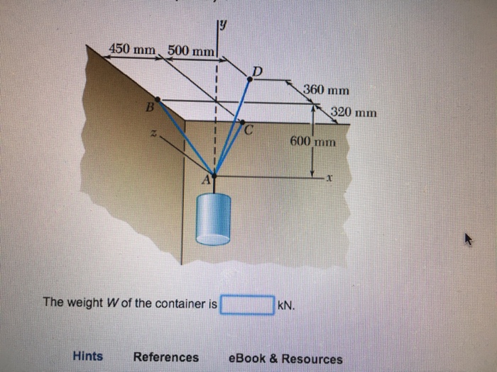 Solved A Container Is Supported By Three Cables That Are Chegg