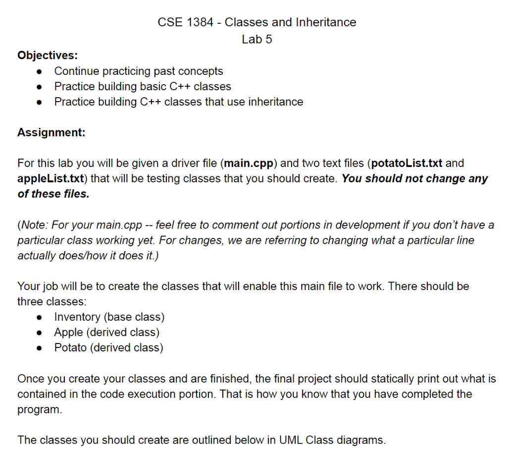 Solved Cse Classes And Inheritance Lab Objectives Chegg