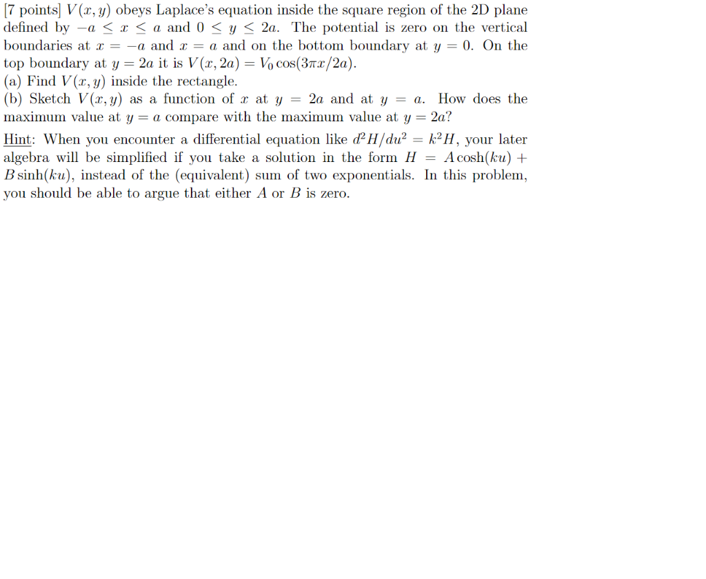 Solved 7 Points V X Y Obeys Laplace S Equation Inside The Chegg