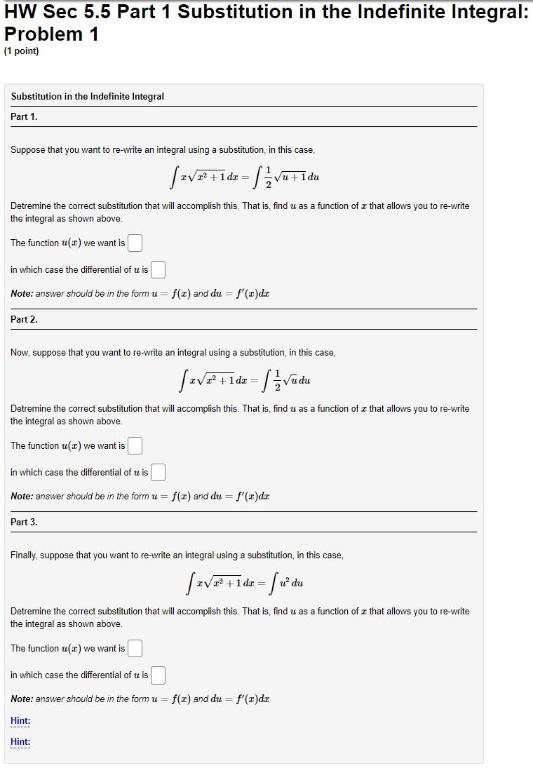 Solved Hw Sec Part Substitution In The Indefinite Chegg